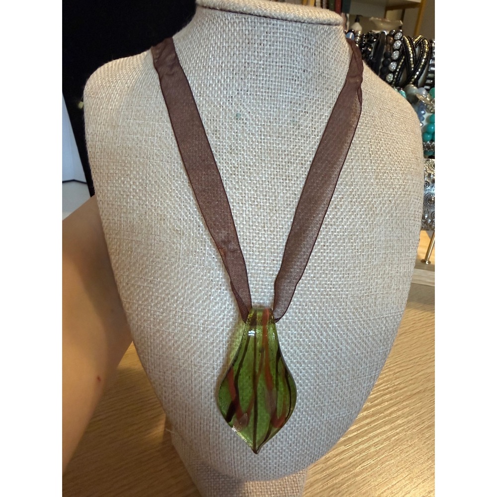 Artisan Murano Style Glass Leaf Pendant Necklace Green Brown Ribbon Cord